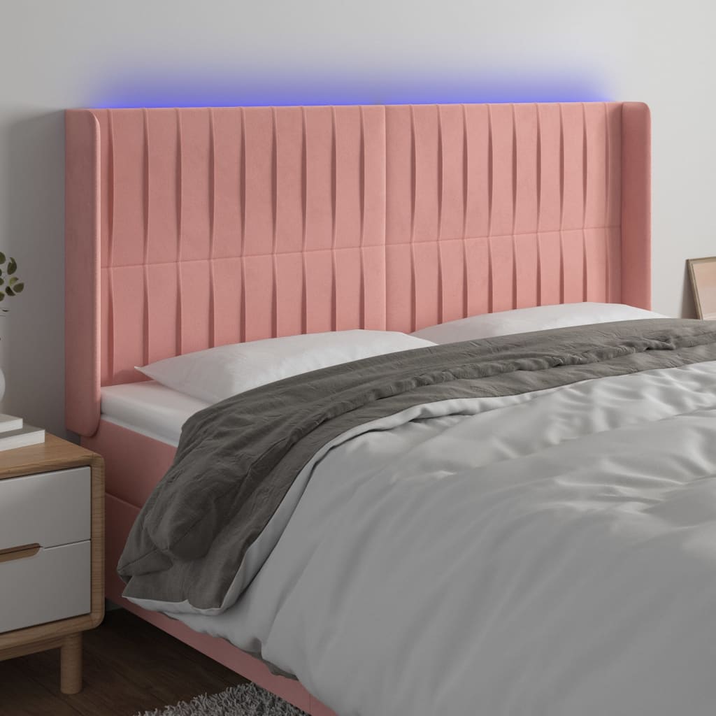 Čelo postele s LED růžové 203 x 16 x 118/128 cm samet