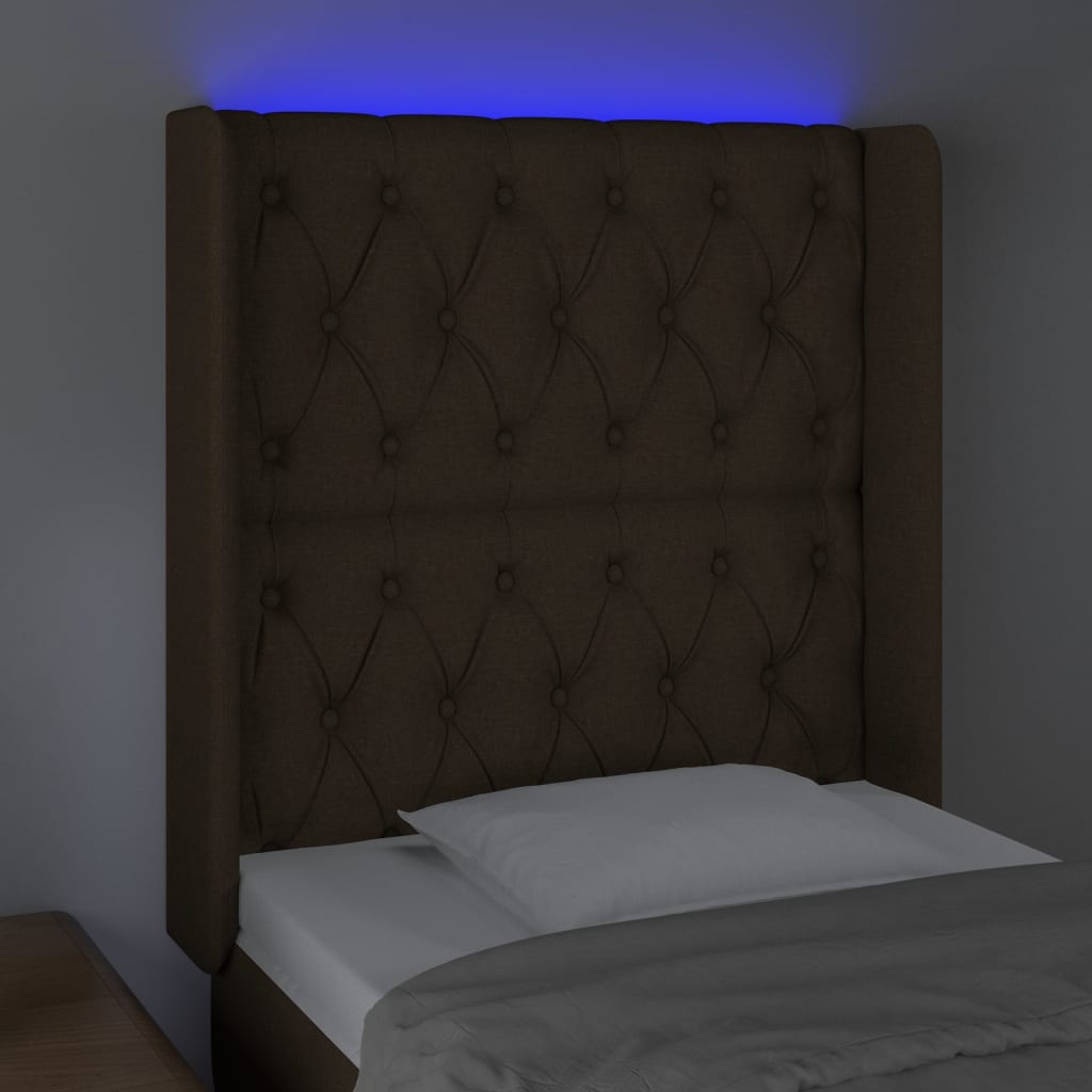 Tăblie de pat cu LED, maro închis, 83x16x118/128 cm, textil