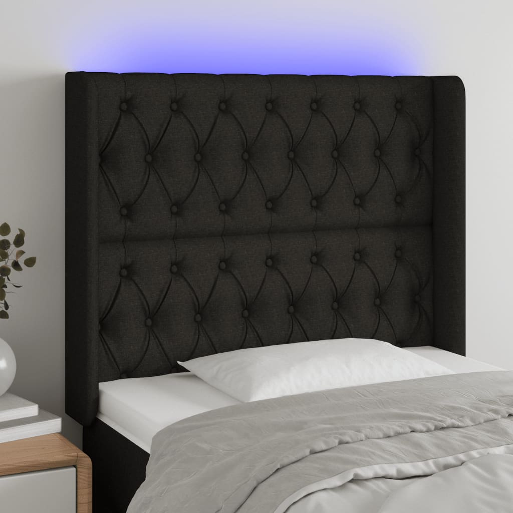 Čelo postele s LED černé 93 x 16 x 118/128 cm textil