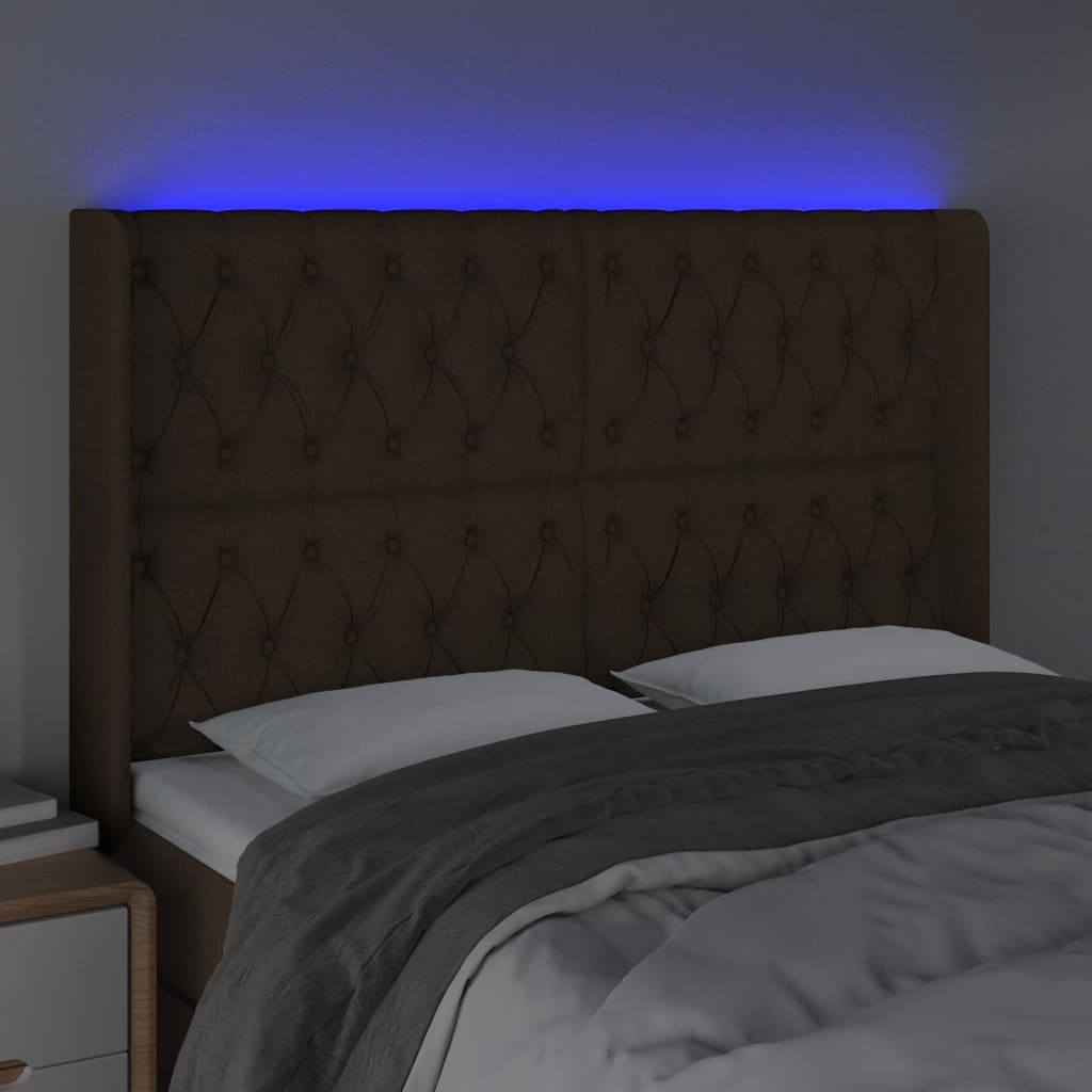 gultas galvgalis ar LED, 147x16x118/128 cm, tumši brūns audums | Stepinfit.lv