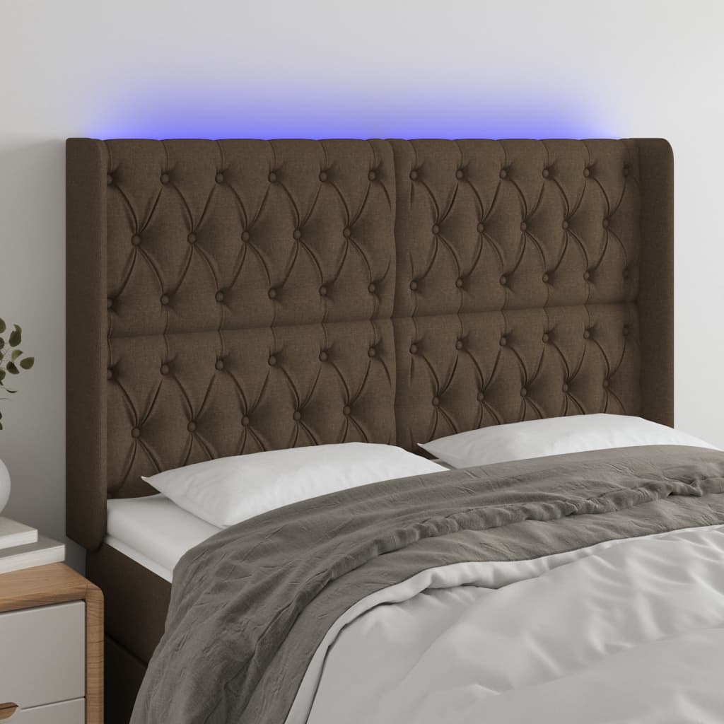 Čelo postele s LED tmavě hnědé 163 x 16 x 118/128 cm textil