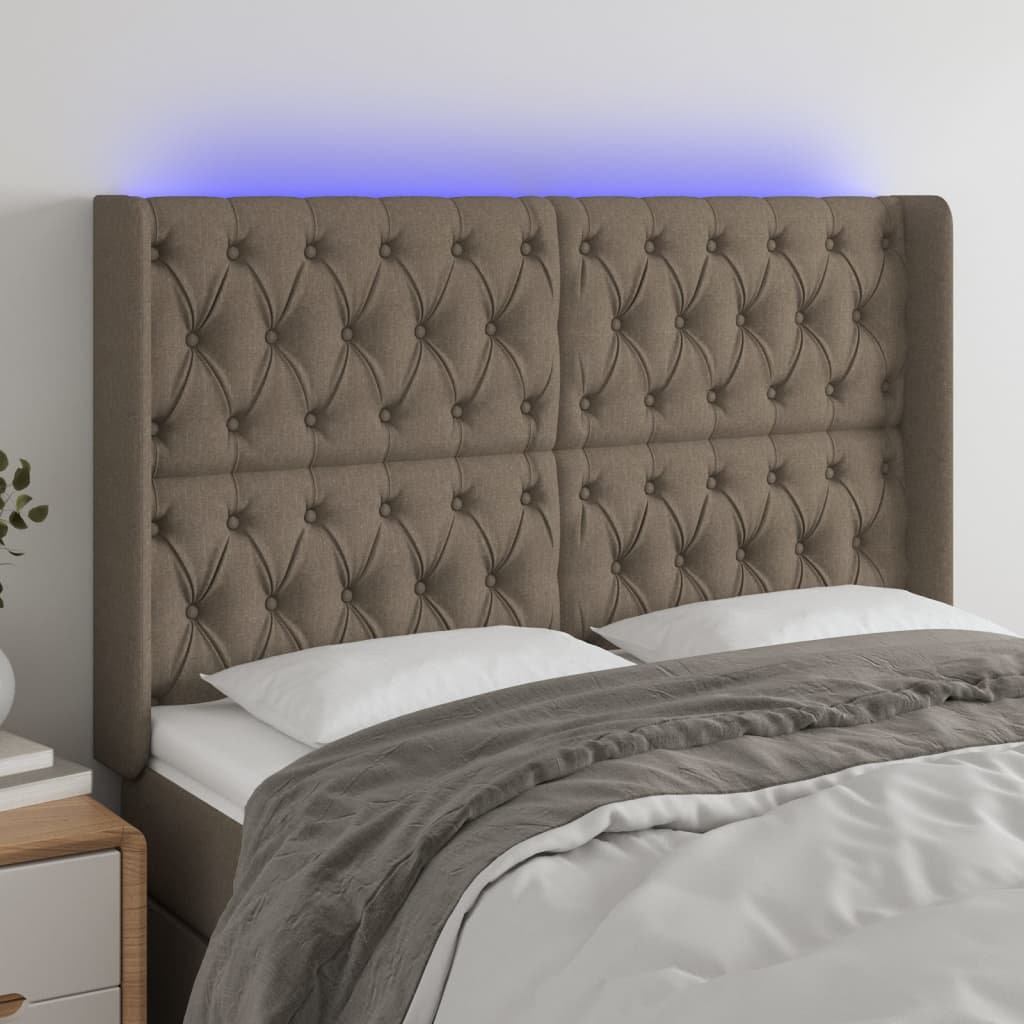 vidaXL Tăblie de pat cu LED, gri taupe, 163x16x118/128 cm, textil