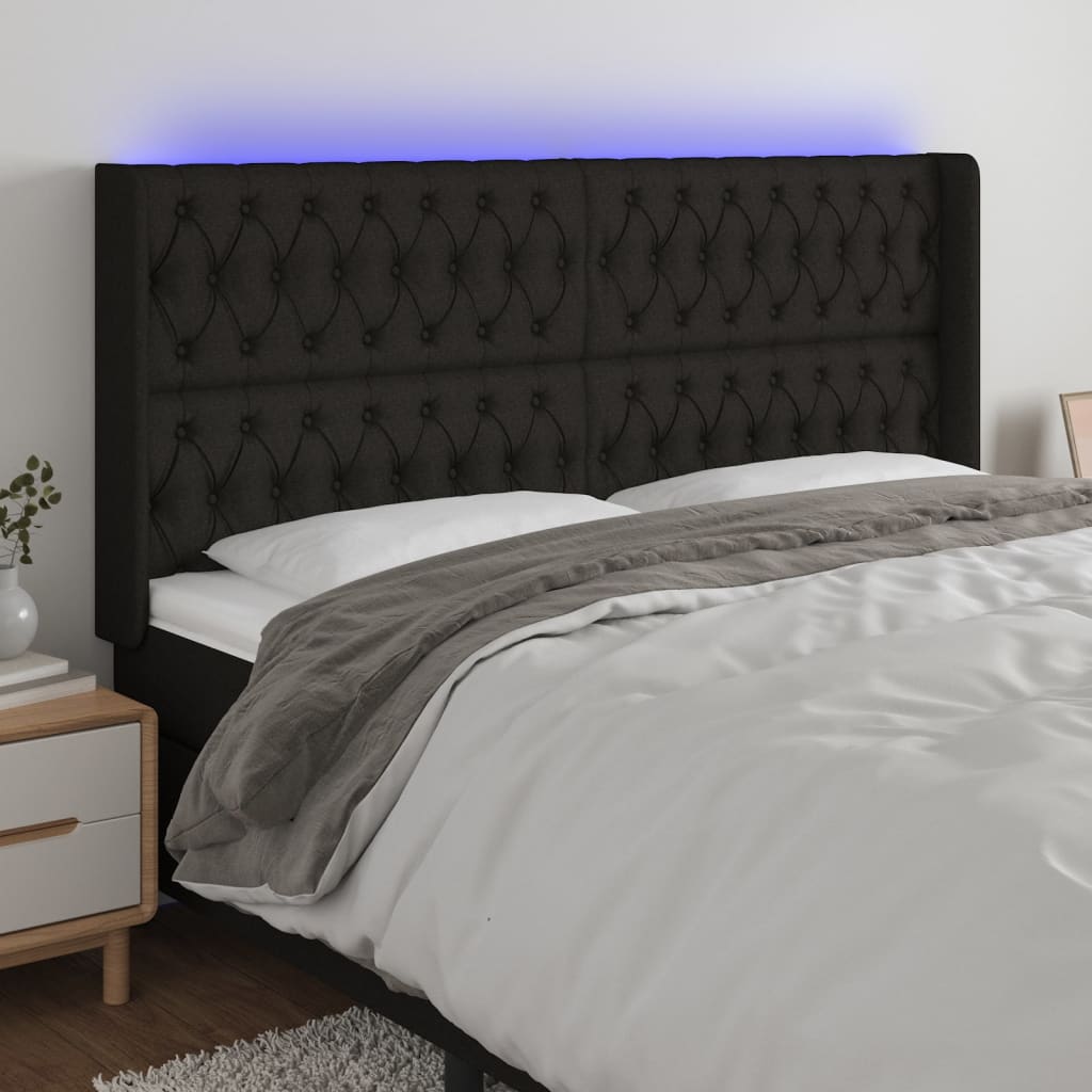 vidaXL Tăblie de pat cu LED, negru, 183x16x118/128 cm, textil (si imagine noua