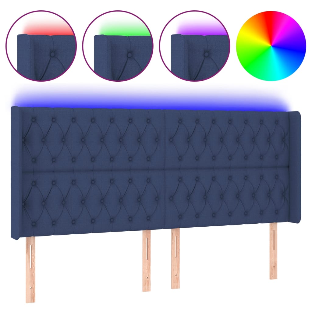 vidaXL Čelo postele s LED modré 203 x 16 x 118/128 cm textil