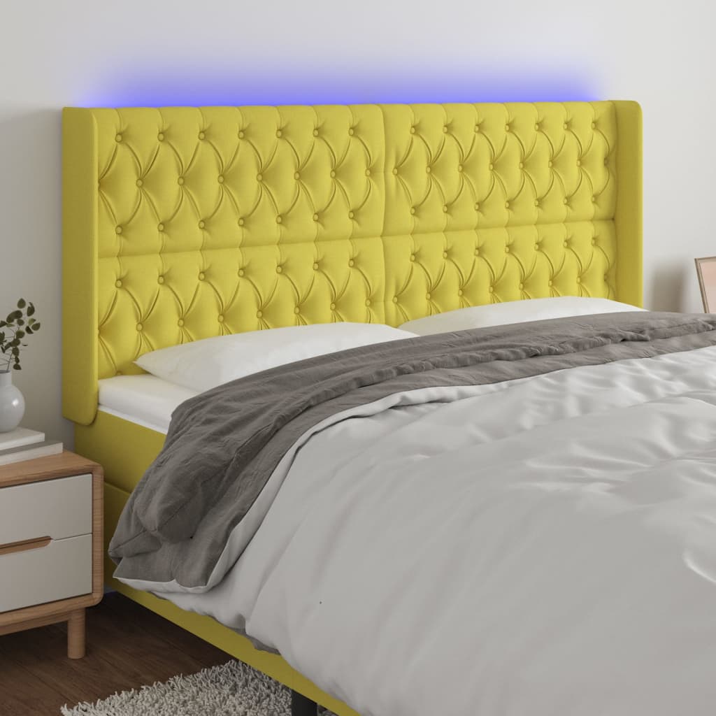 vidaXL Tăblie de pat cu LED, verde, 203x16x118/128 cm, textil vidaXL imagine 2022