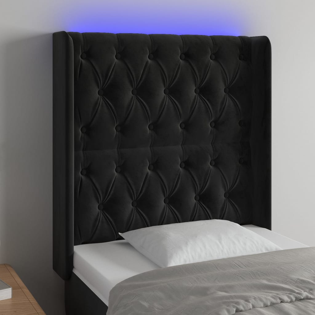 Čelo postele s LED černé 83 x 16 x 118/128 cm samet