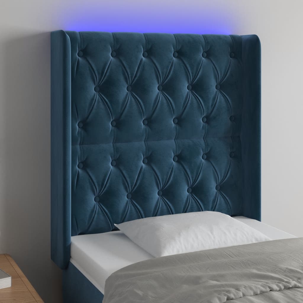 vidaXL Tăblie de pat cu LED, albastru închis, 83x16x118/128cm, catifea