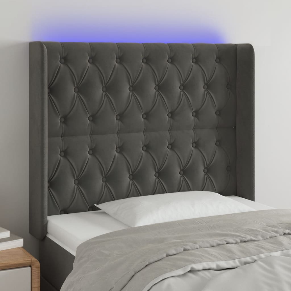 vidaXL Tăblie de pat cu LED, gri închis, 93x16x118/128 cm, catifea