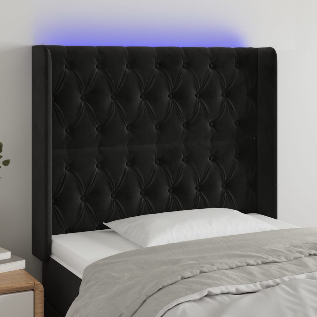 Čelo postele s LED černé 93 x 16 x 118/128 cm samet