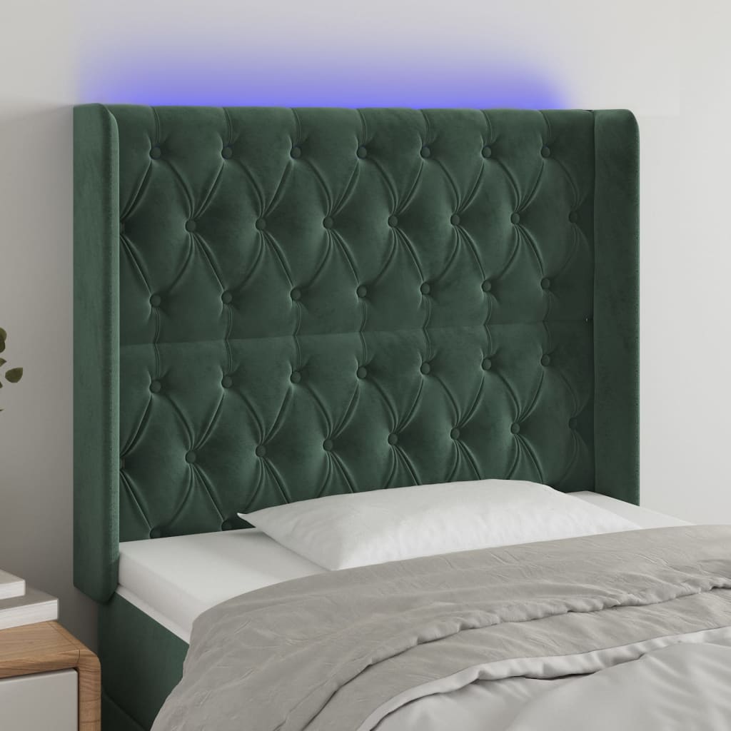 Čelo postele s LED tmavě zelené 93 x 16 x 118/128 cm samet