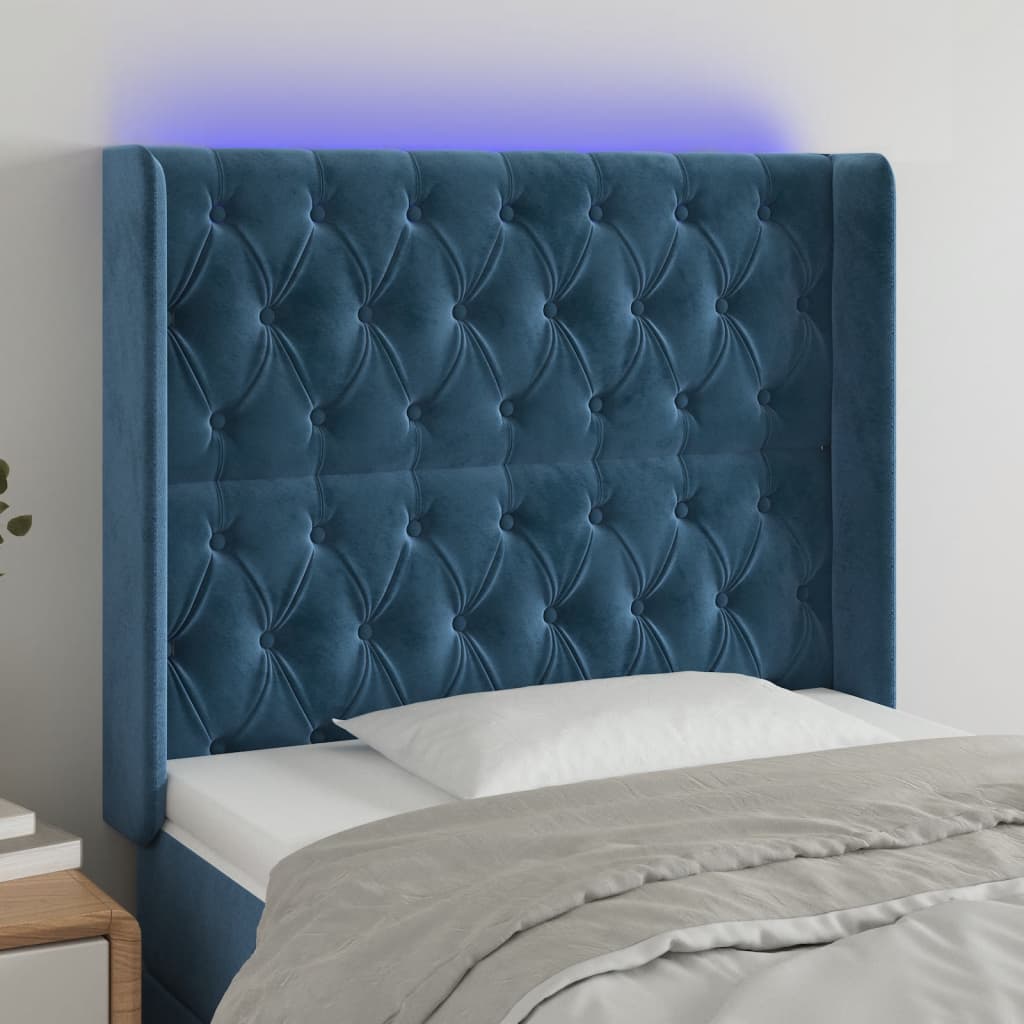 Čelo postele s LED tmavě modré 93 x 16 x 118/128 cm samet