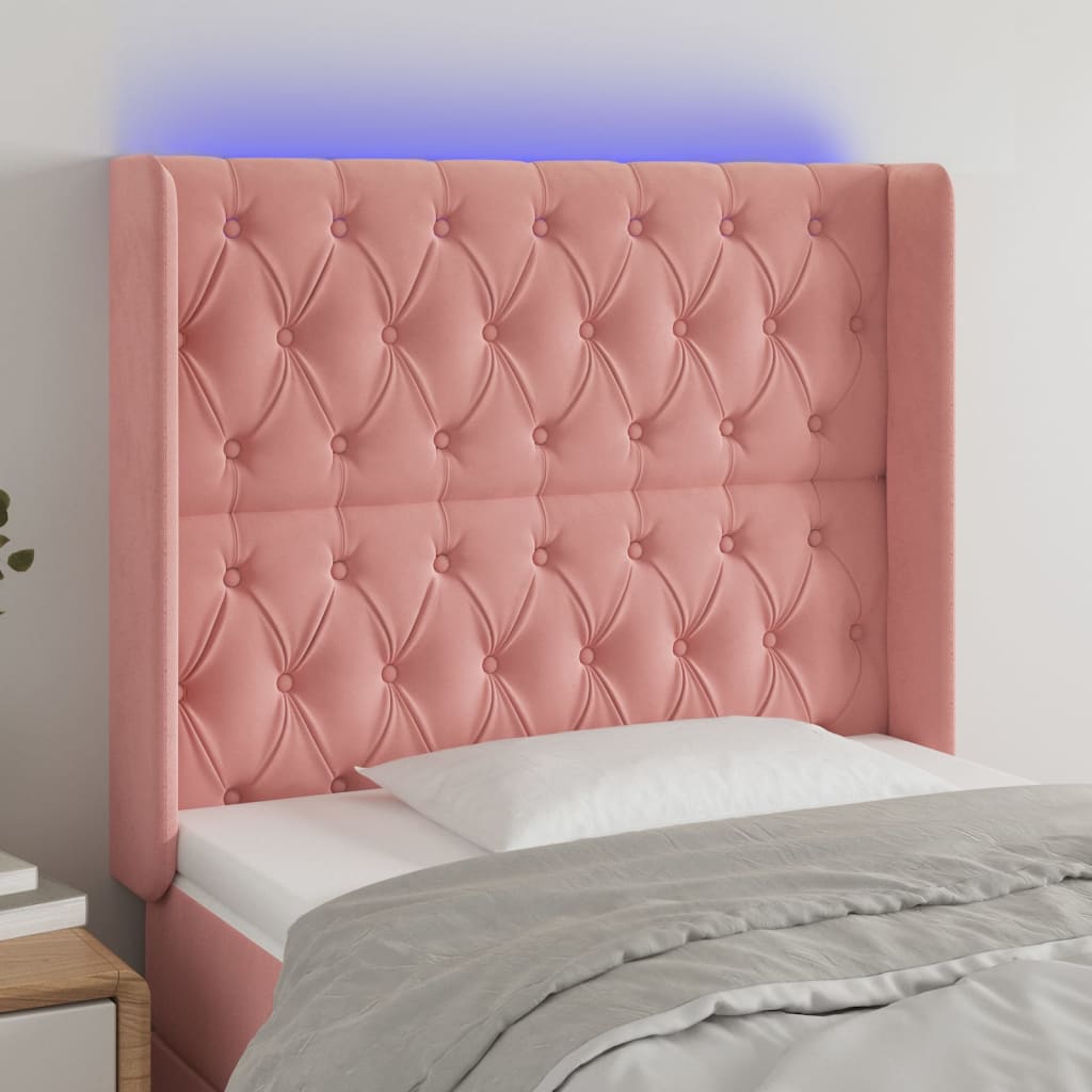 Čelo postele s LED růžové 93 x 16 x 118/128 cm samet