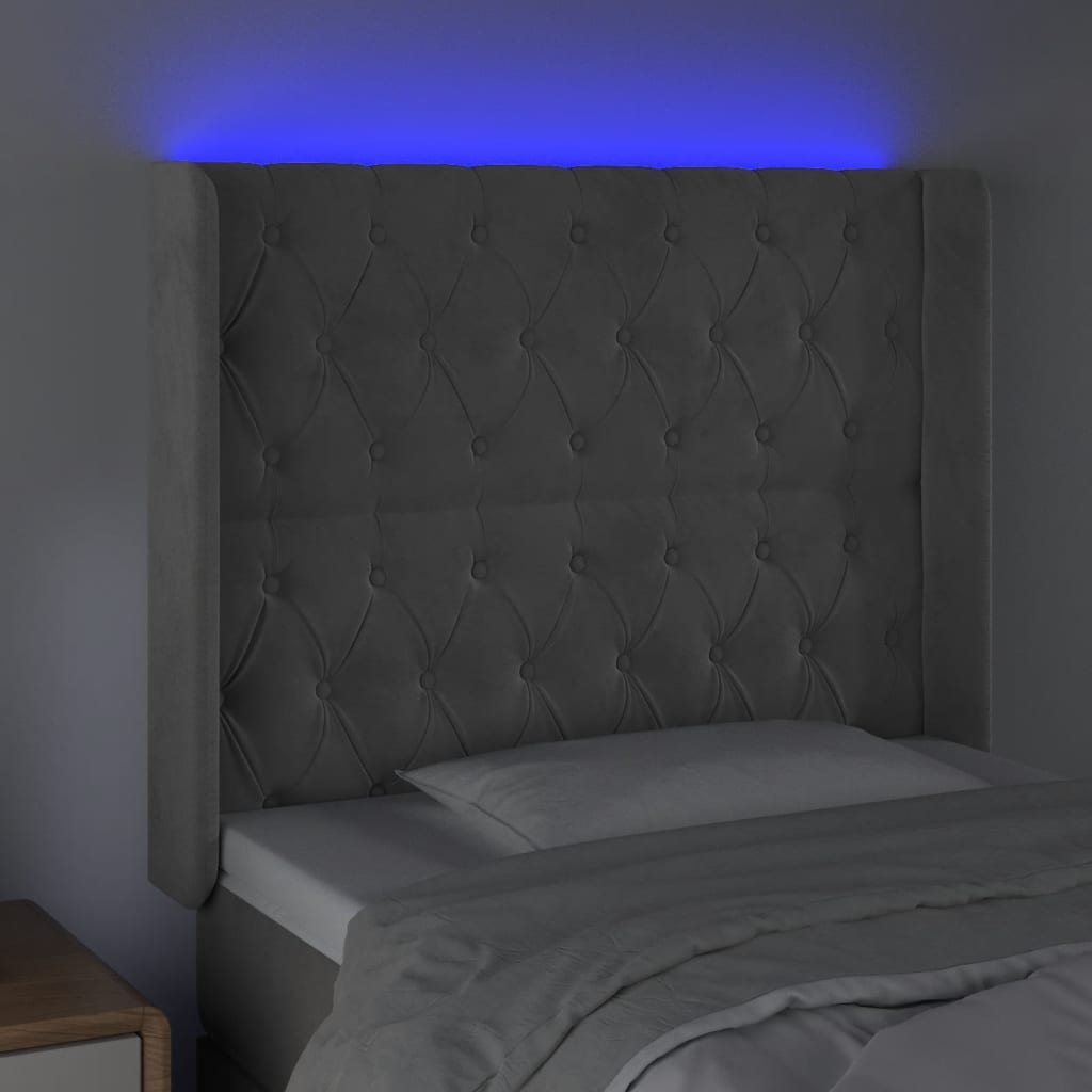 gultas galvgalis ar LED, 103x16x118/128 cm, gaiši pelēks samts | Stepinfit.lv
