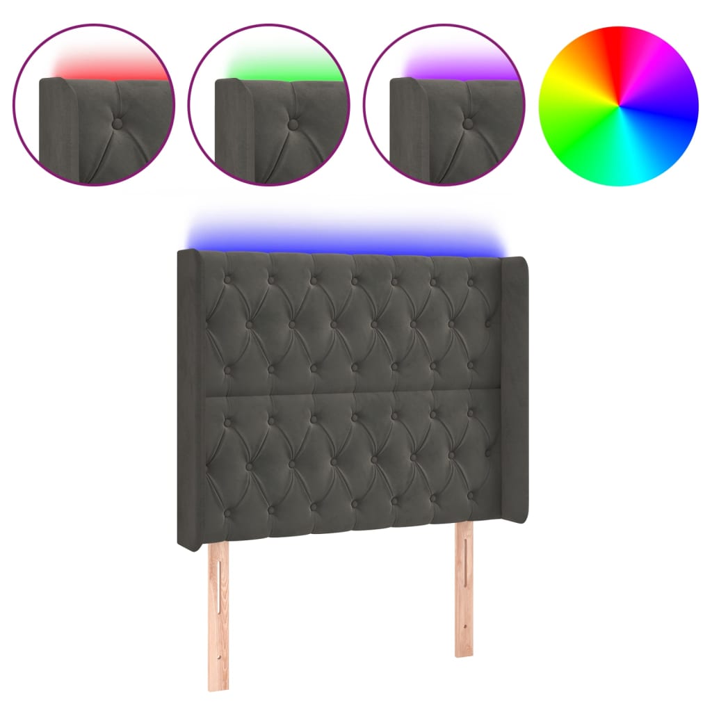 vidaXL Čelo postele s LED tmavě šedé 103 x 16 x 118/128 cm samet