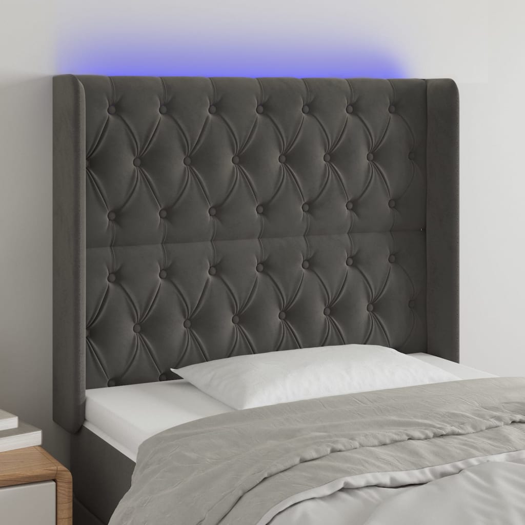 gultas galvgalis ar LED, 103x16x118/128 cm, tumši pelēks samts | Stepinfit.lv