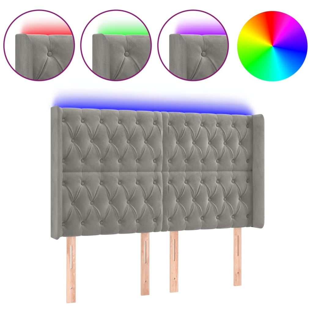 vidaXL Čelo postele s LED světle šedé 147x16x118/128 cm samet