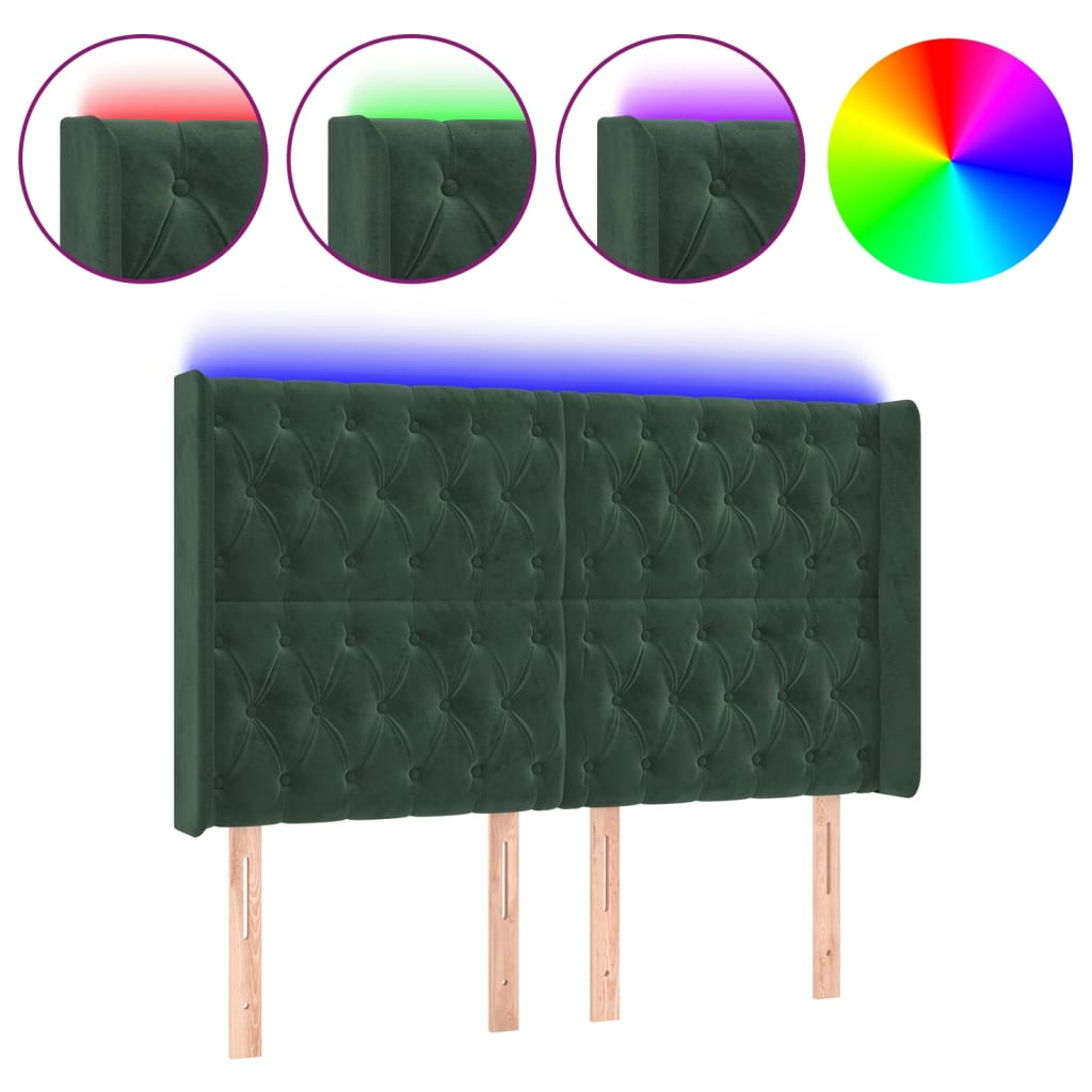 vidaXL Čelo postele s LED tmavě zelené 147 x 16 x 118/128 cm samet