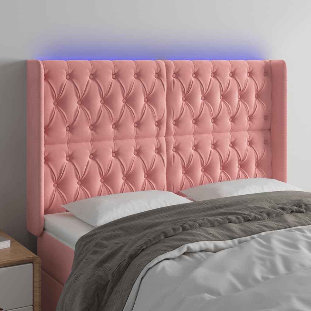 Čelo postele s LED růžové 147 x 16 x 118/128 cm samet