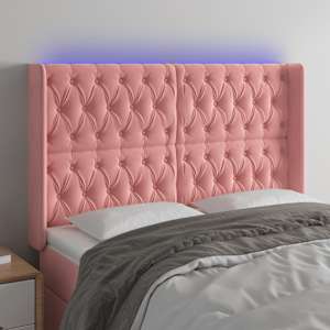 Čelo postele s LED růžové 147 x 16 x 118/128 cm samet - obrázek 1
