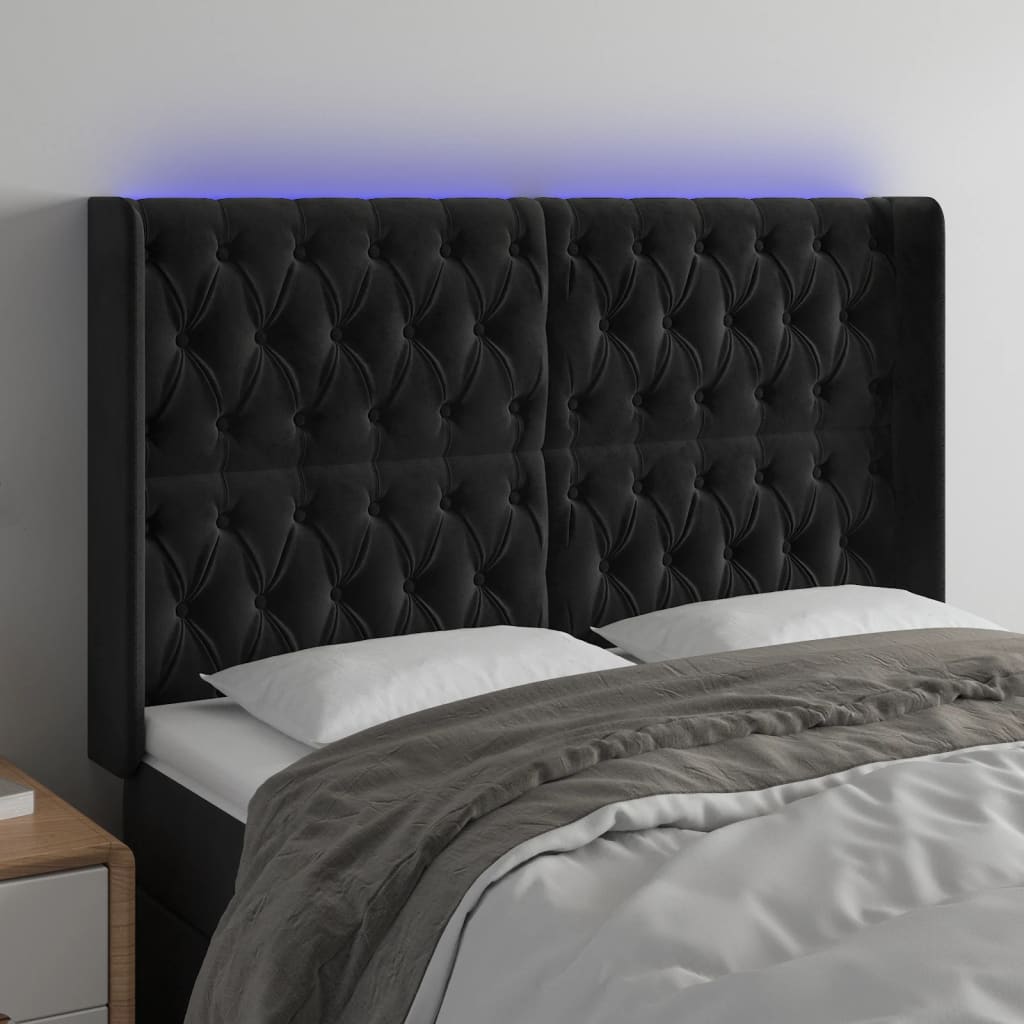 vidaXL Tăblie de pat cu LED, negru, 163x16x118/128 cm, catifea