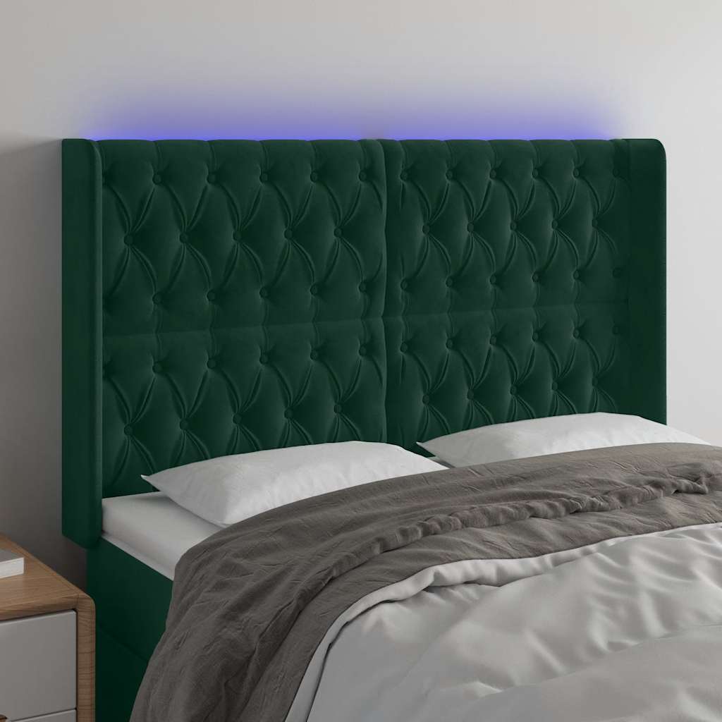 vidaXL Tăblie de pat cu LED, verde închis, 163x16x118/128 cm, catifea