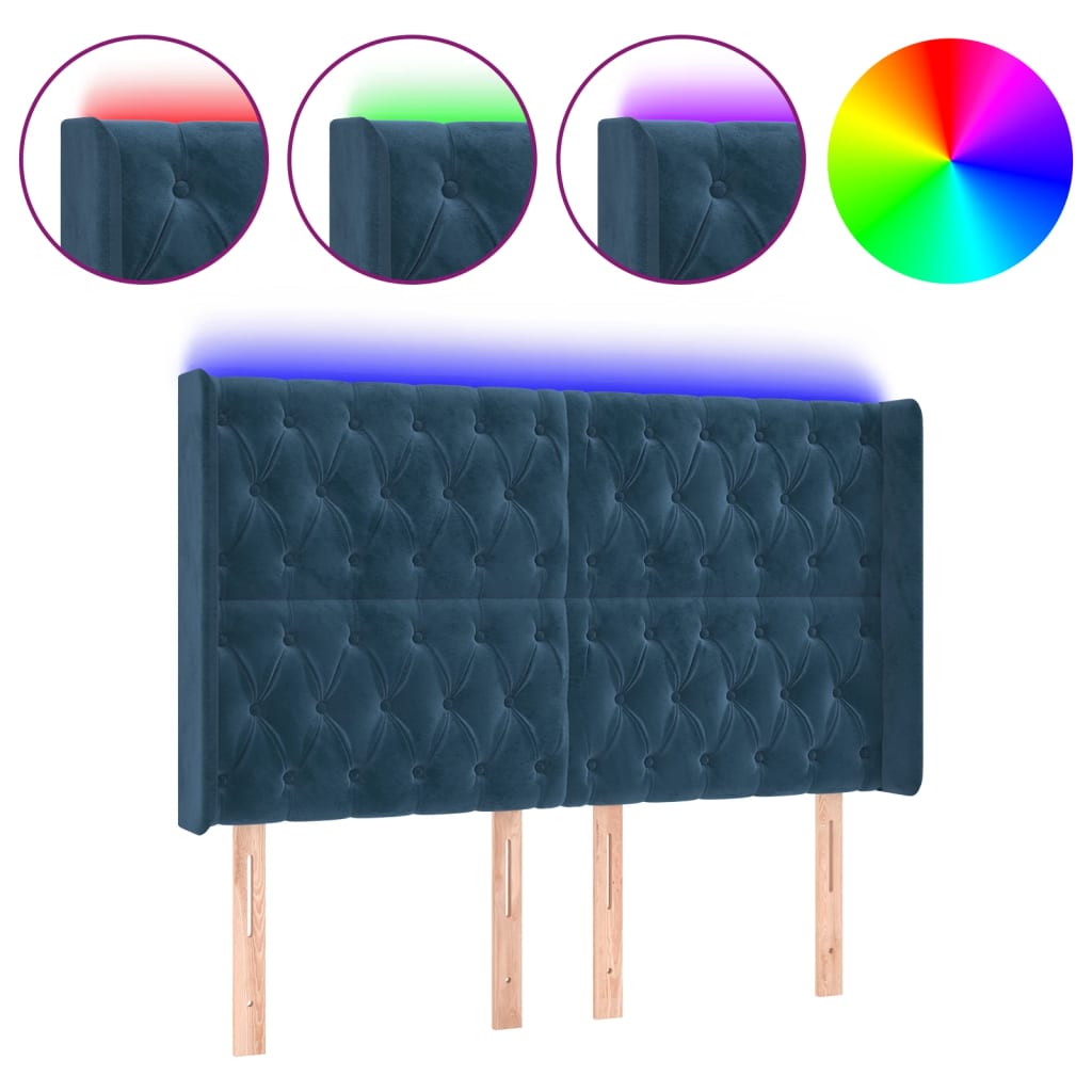 vidaXL Čelo postele s LED tmavě modré 163 x 16 x 118/128 cm samet