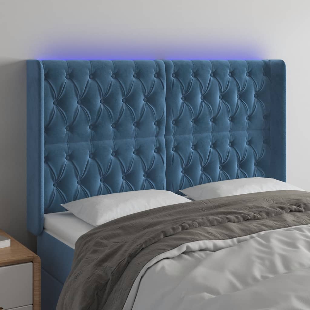 vidaXL Tête de lit à LED Bleu foncé 163x16x118/128 cm Velours