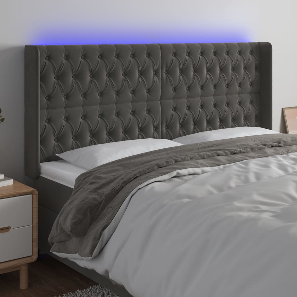 Čelo postele s LED tmavě šedé 183 x 16 x 118/128 cm samet