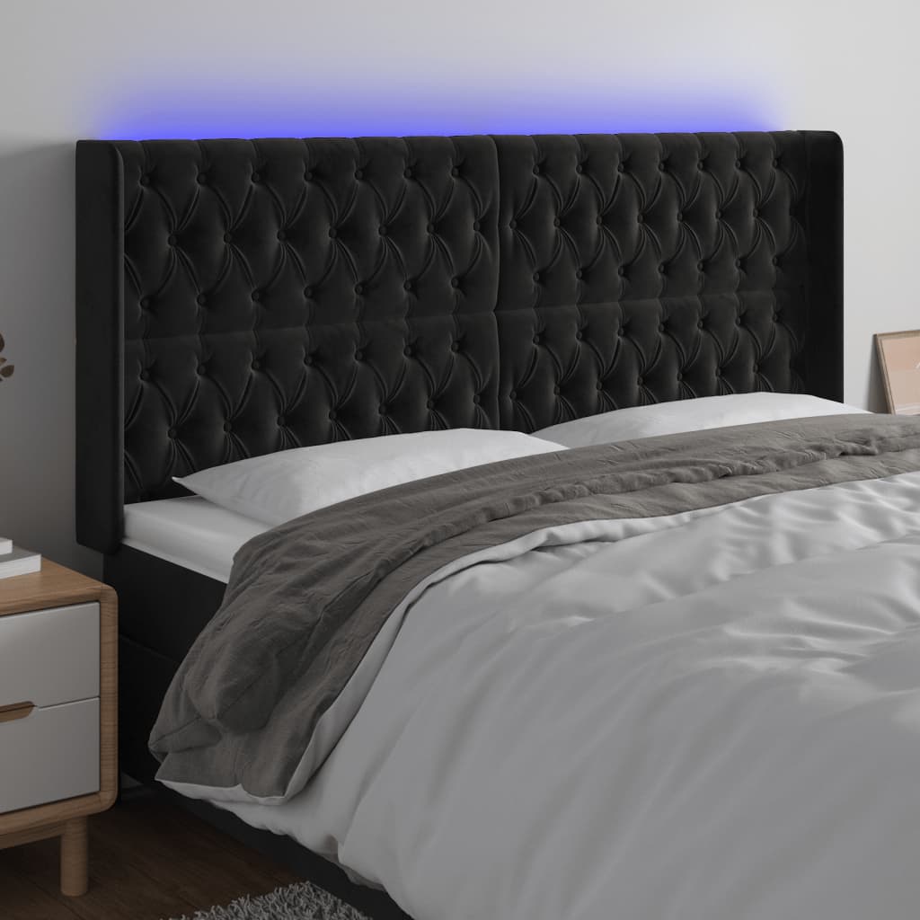 Čelo postele s LED černé 183 x 16 x 118/128 cm samet