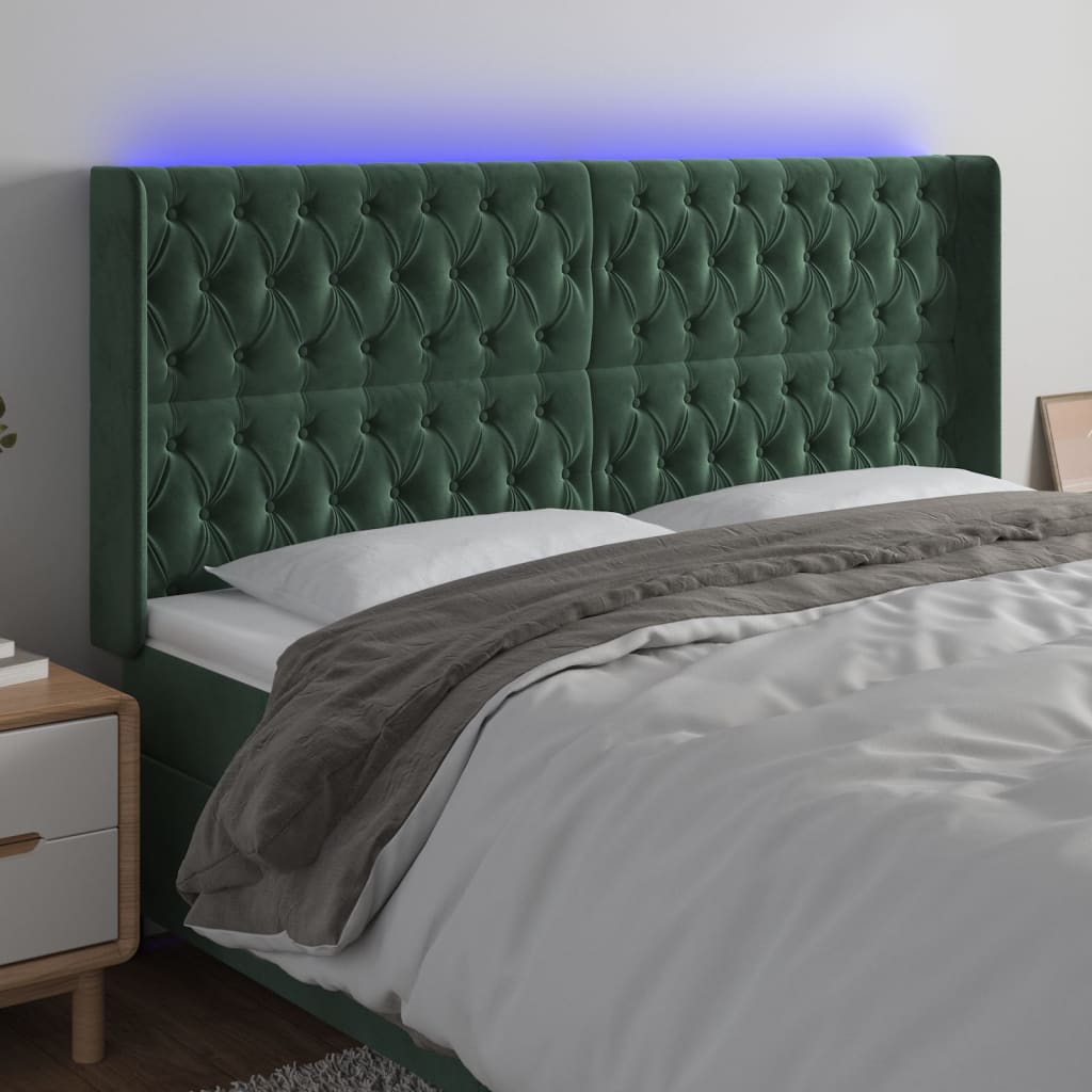 vidaXL Tăblie de pat cu LED, verde închis, 183x16x118/128 cm, catifea 