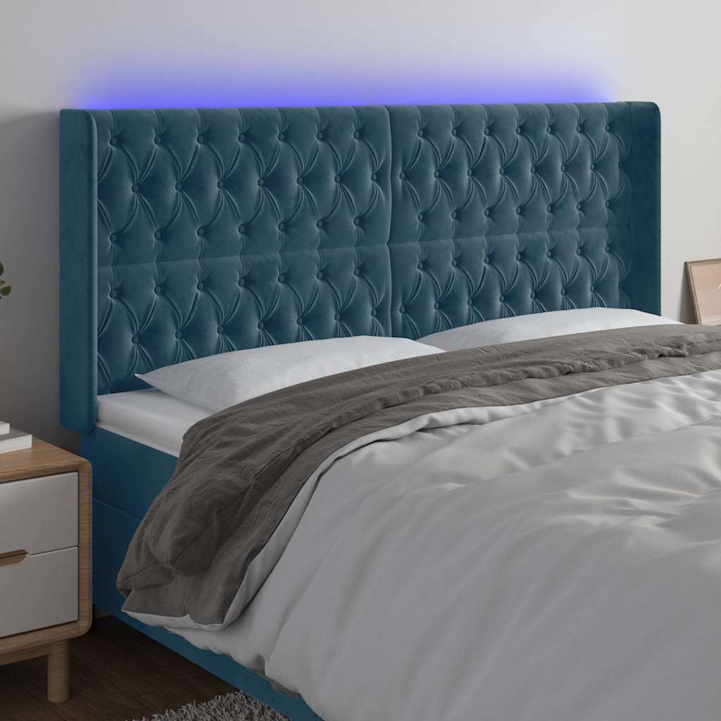 vidaXL sengegavl med LED-lys 183x16x118/128 cm fløjl mørkeblå
