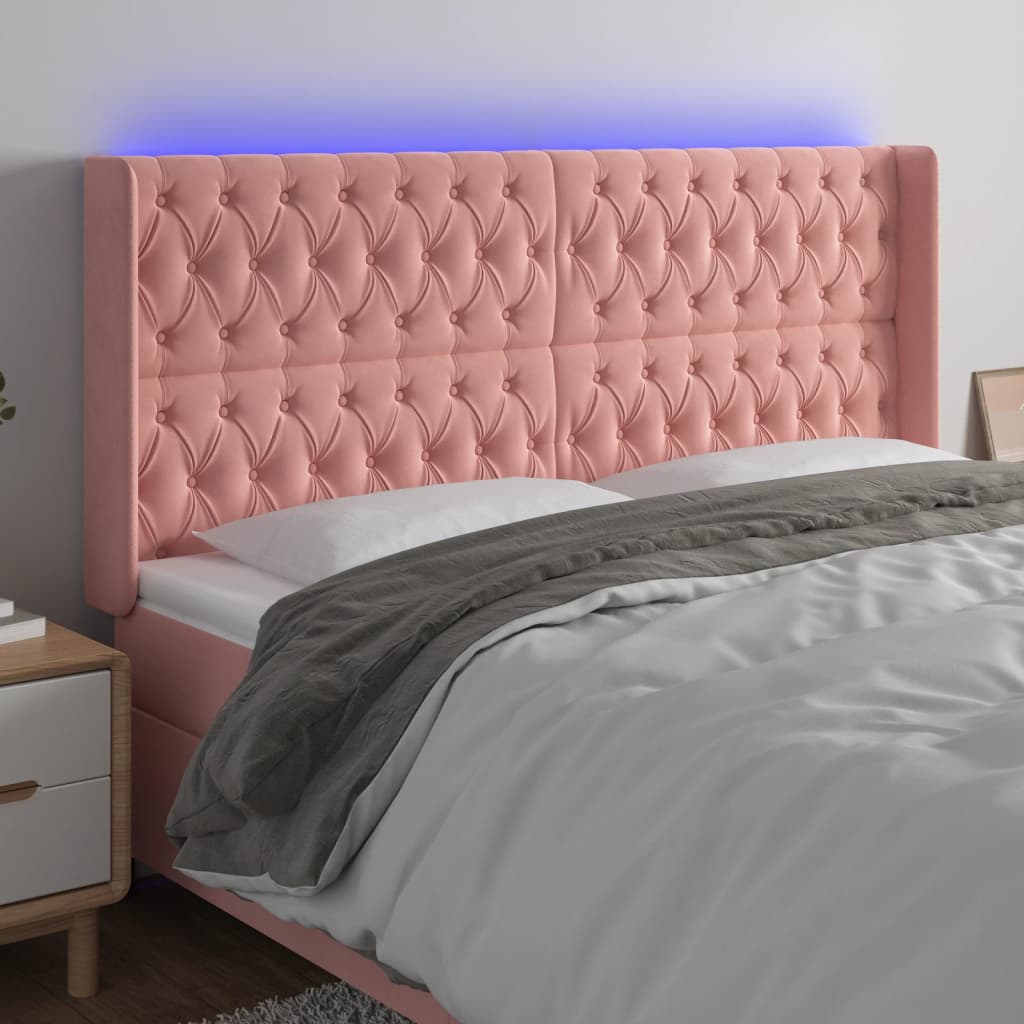 Čelo postele s LED růžové 183 x 16 x 118/128 cm samet