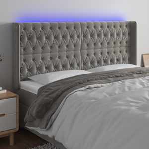 Čelo postele s LED světle šedé 203 x 16 x 118/128 cm samet - obrázek 1
