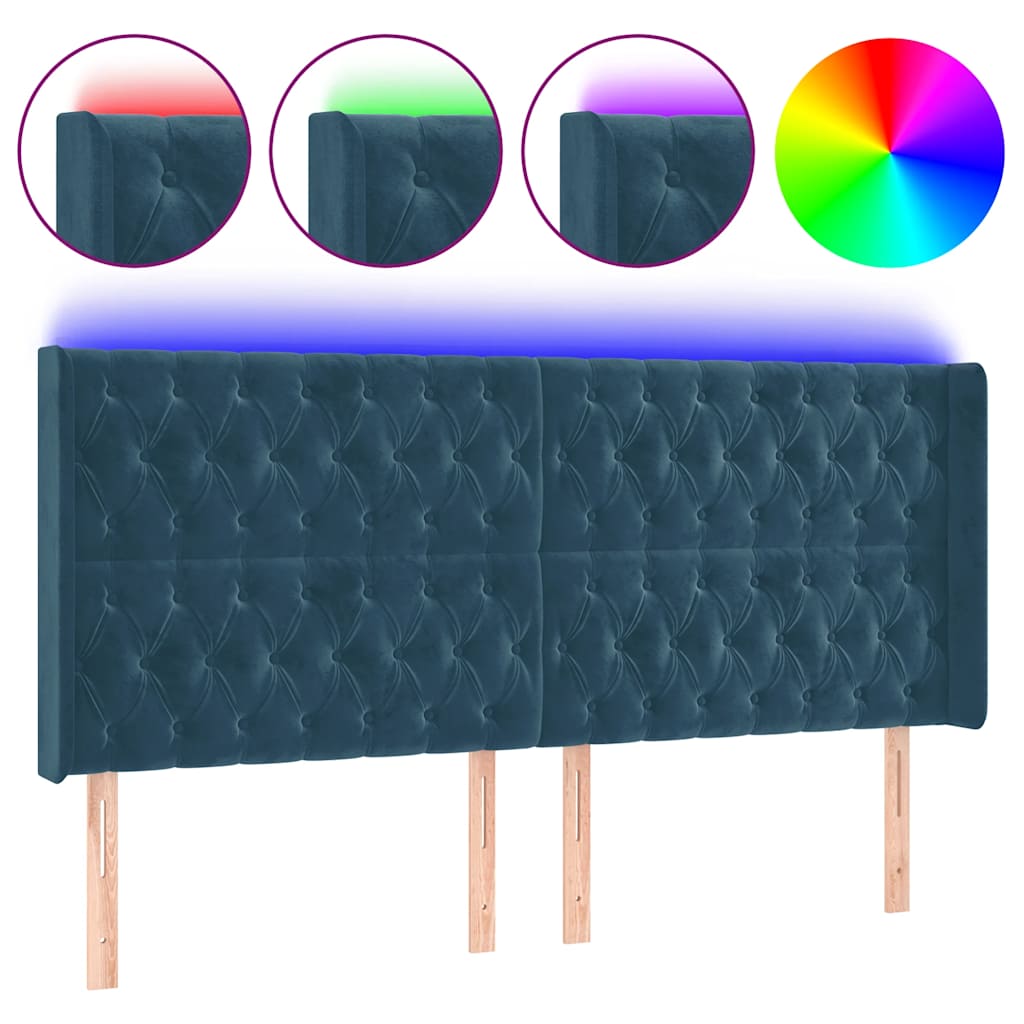 vidaXL Čelo postele s LED tmavomodré 203x16x118/128 cm zamat