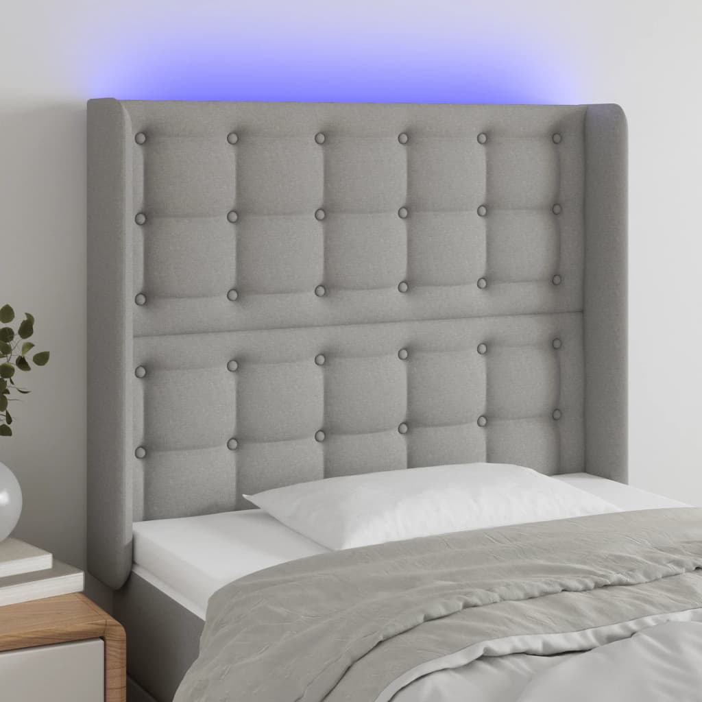 gultas galvgalis ar LED, 93x16x118/128 cm, gaiši pelēks audums | Stepinfit.lv