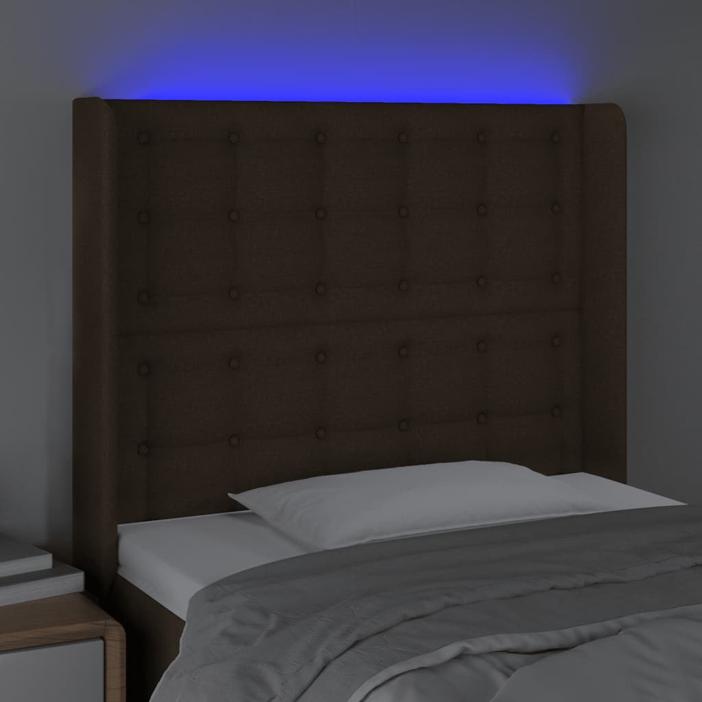 gultas galvgalis ar LED, 93x16x118/128 cm, tumši brūns audums | Stepinfit.lv