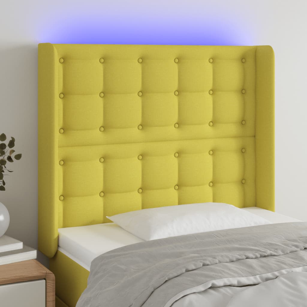 gultas galvgalis ar LED, 103x16x118/128 cm, zaļš audums | Stepinfit.lv