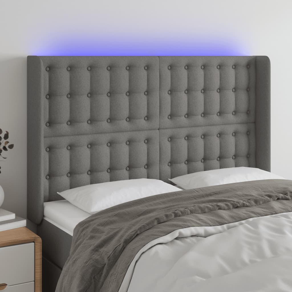 vidaXL Tăblie de pat cu LED, gri închis, 147x16x118/128 cm, textil