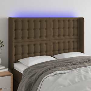 LED posteljno vzglavje temno rjavo 147x16x118/128 cm blago