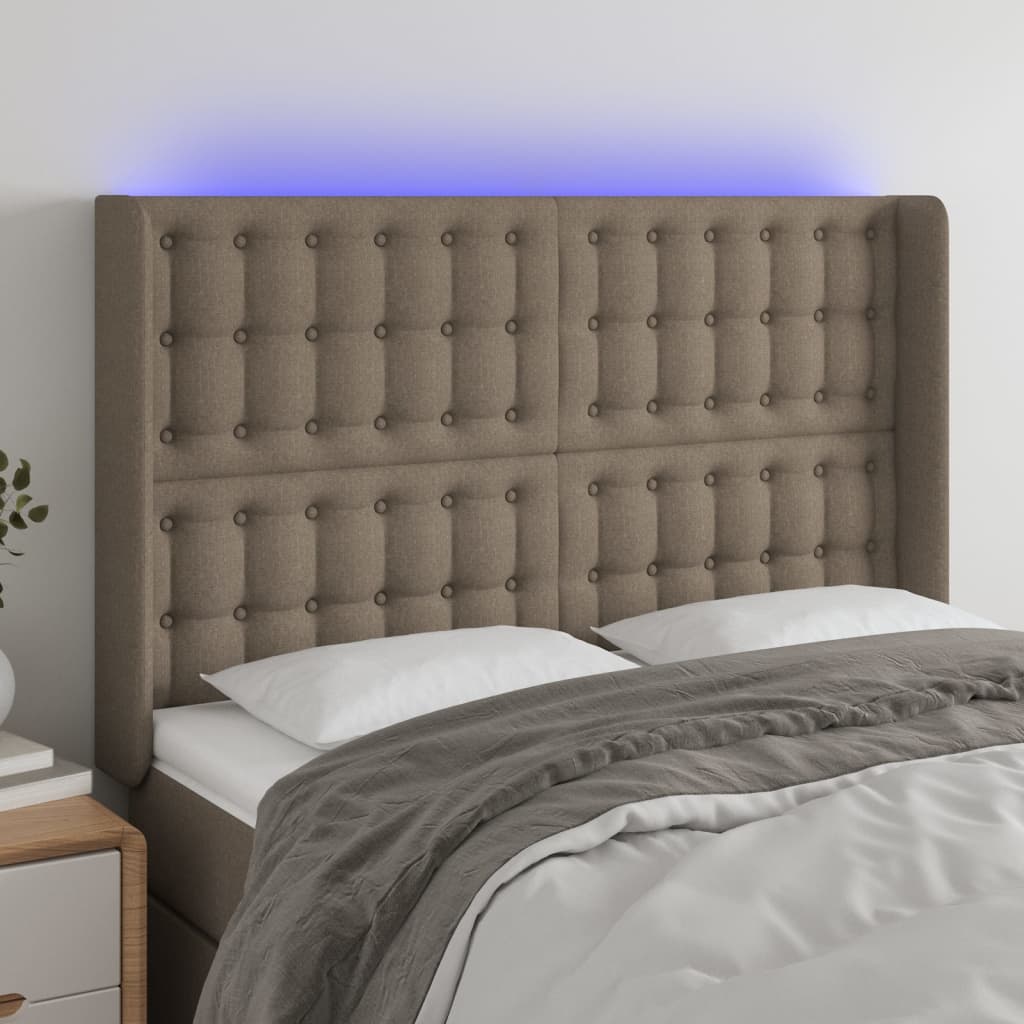 vidaXL Tăblie de pat cu LED, gri taupe, 147x16x118/128 cm, textil