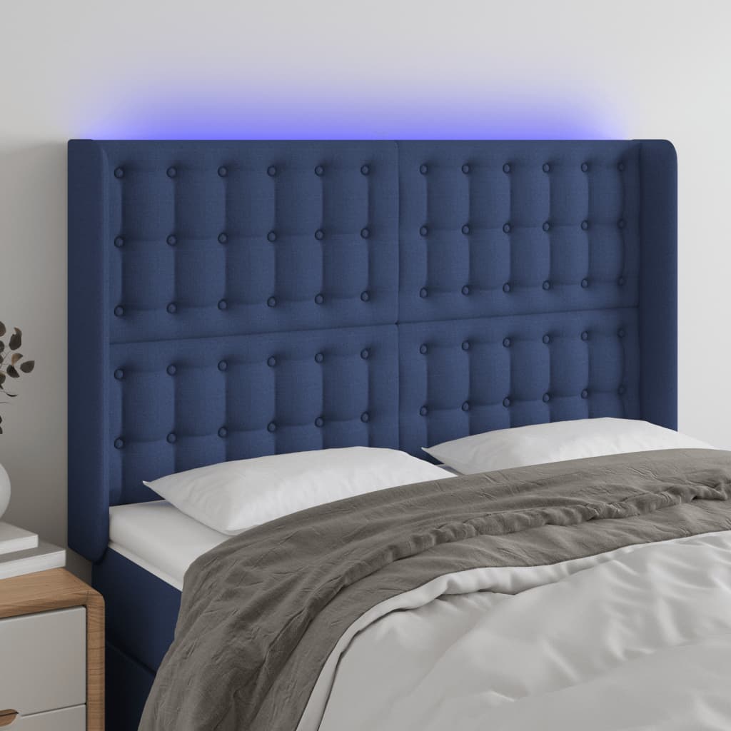 vidaXL Čelo postele s LED modré 147 x 16 x 118/128 cm textil