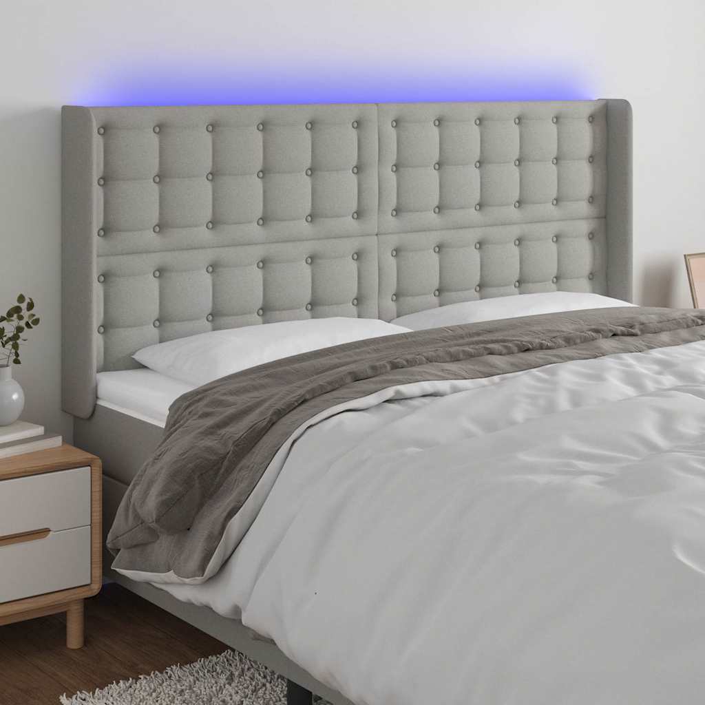 Sengegavl Med LED-Lys Stof - Lysegrå / 163 x 16 x 118/128 cm