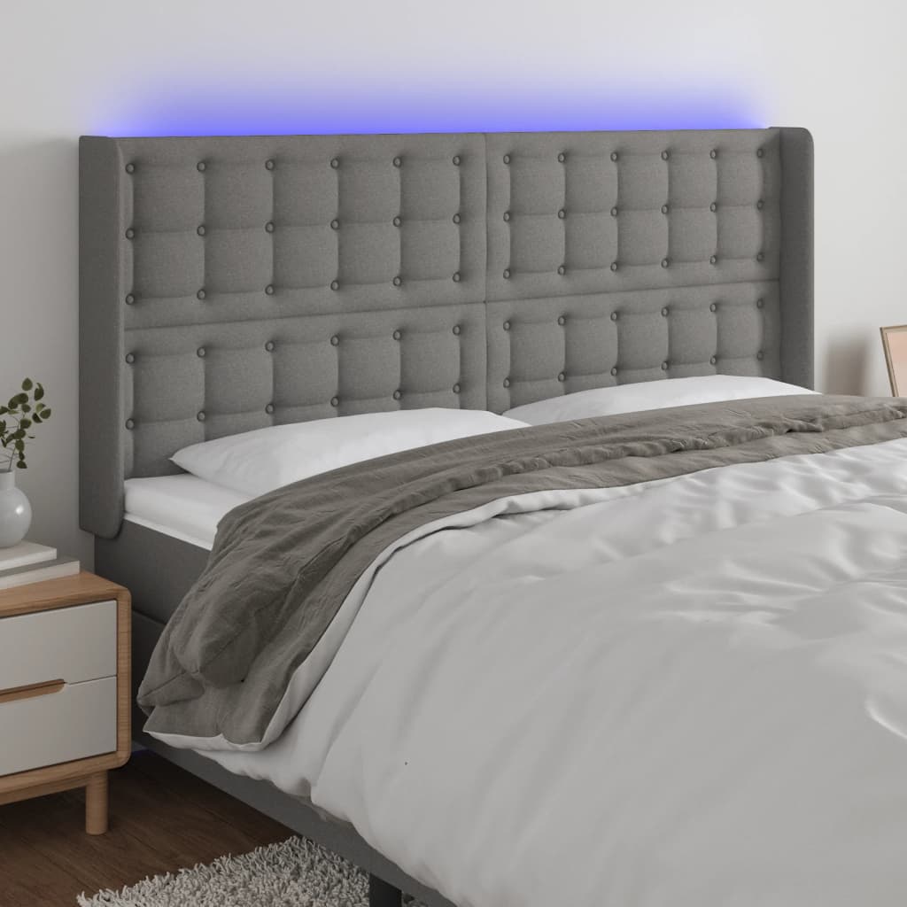 vidaXL Tăblie de pat cu LED, gri închis, 163x16x118/128 cm, textil