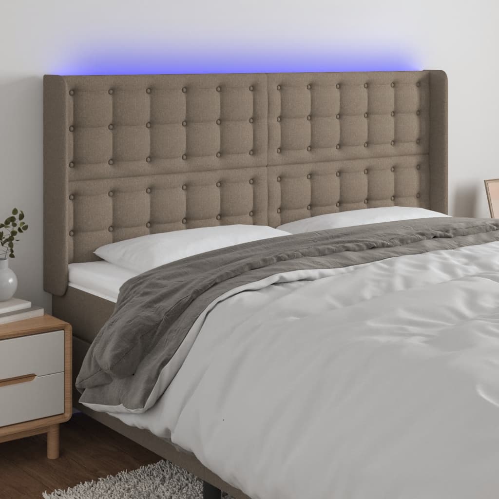 vidaXL Tăblie de pat cu LED, gri taupe, 183x16x118/128 cm, textil