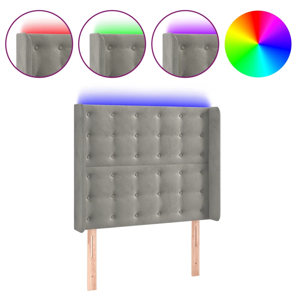 vidaXL Čelo postele s LED světle šedé 83 x 16 x 118/128 cm samet