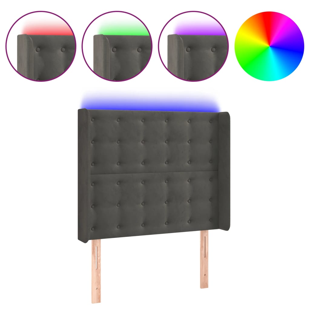 vidaXL Čelo postele s LED tmavě šedé 93 x 16 x 118/128 cm samet