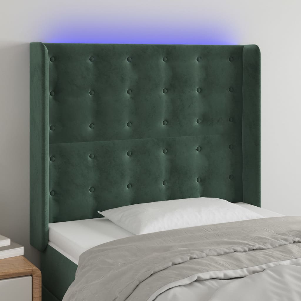 gultas galvgalis ar LED, 103x16x118/128 cm, tumši zaļš samts | Stepinfit.lv