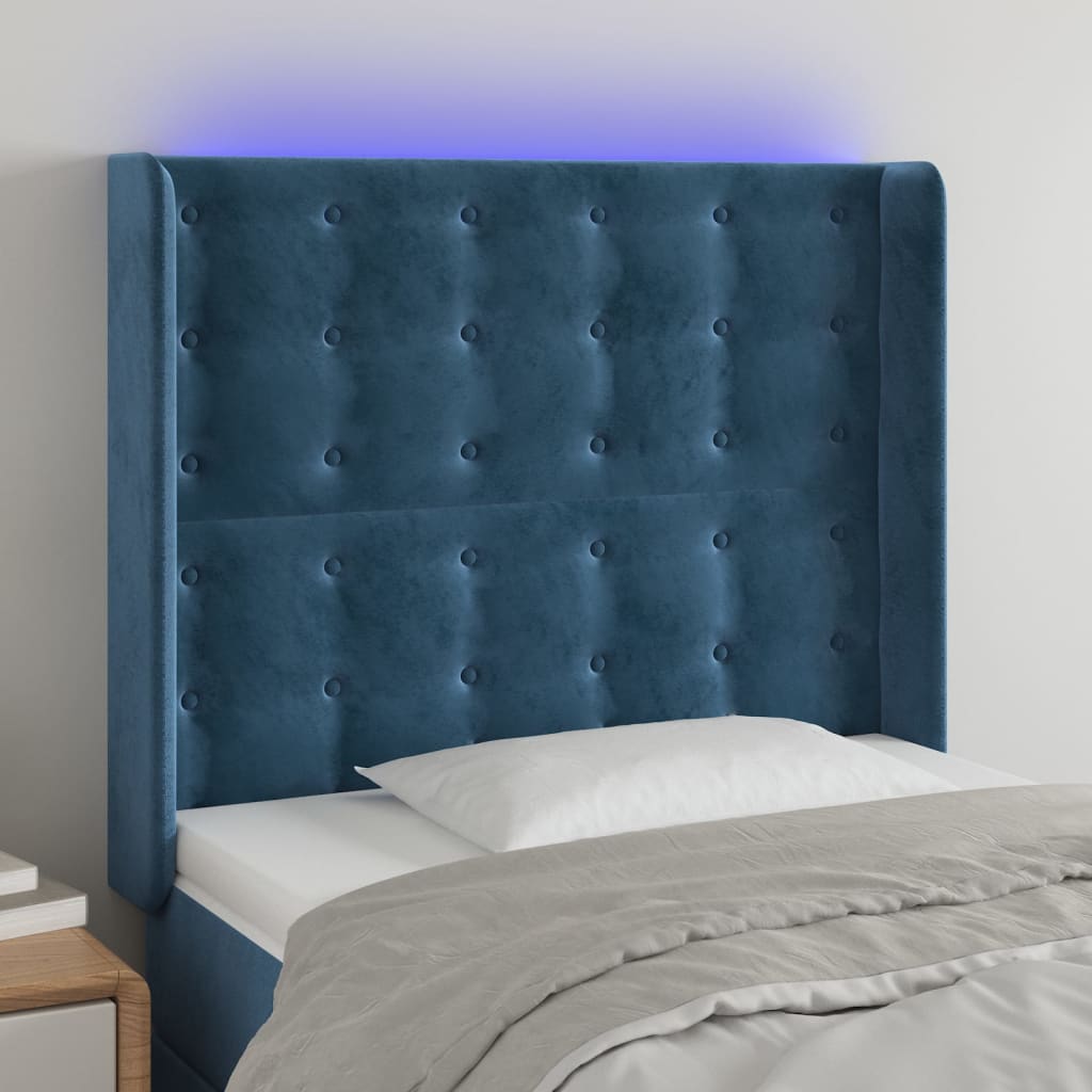 Čelo postele s LED tmavě modré 103 x 16 x 118/128 cm textil