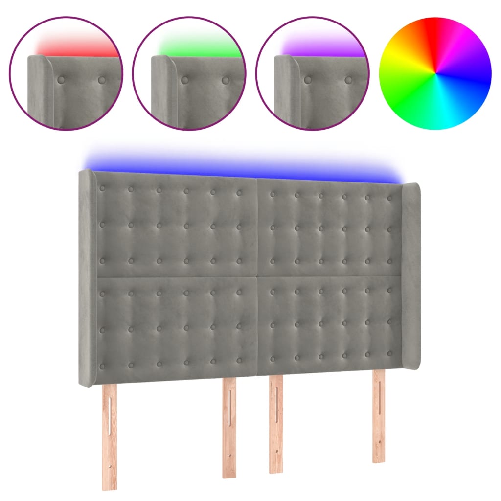 vidaXL Čelo postele s LED světle šedé 147x16x118/128 cm samet