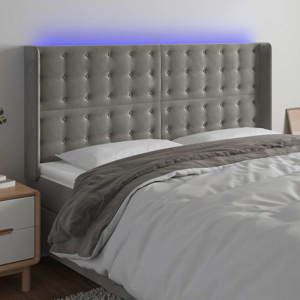 Sengegavl Med LED-Lys Fløjl - Lysegrå / 163 x 16 x 118/128 cm